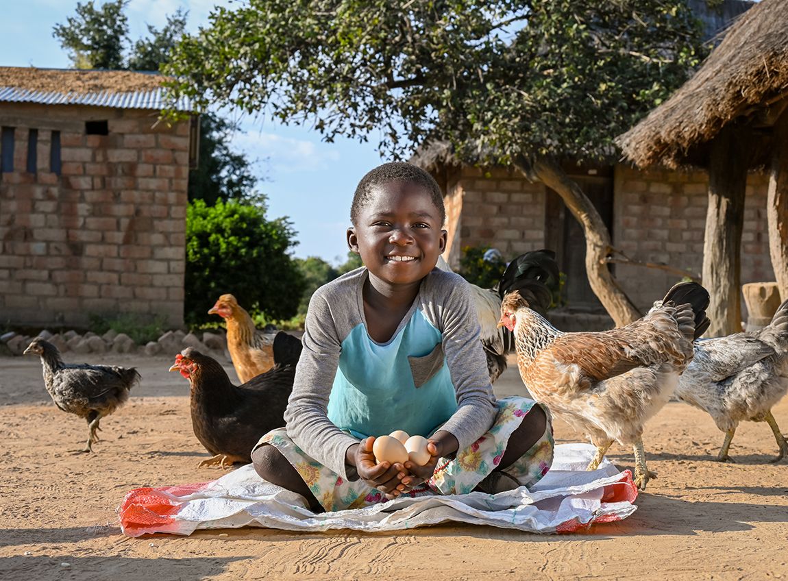 A child sitting cross-legged in a chicken coup, happily holding three fresh eggs.