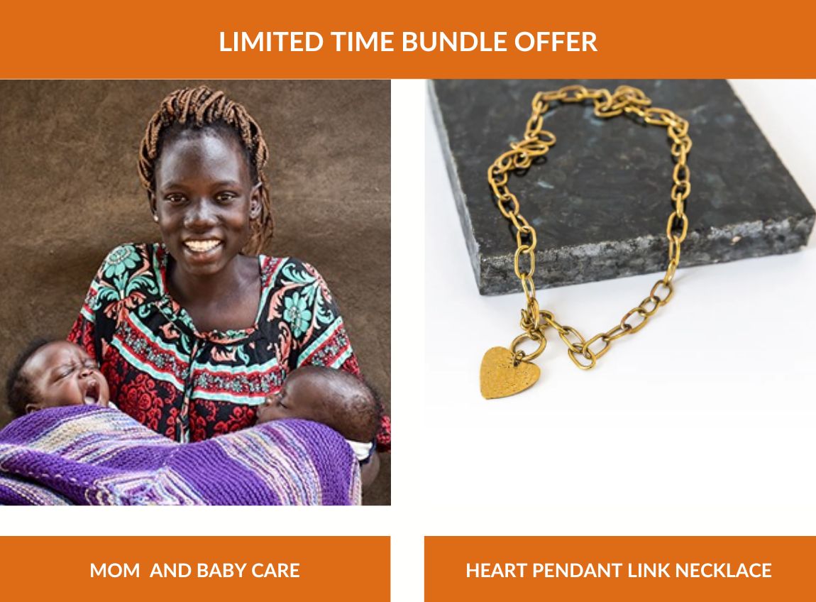 Two images are side by side. The image to the left is a mother holding her newborn twins, while the image to the right is a gold heart pendant necklace. The text “limited time offer” is written at the top of the two images. The text “Mom and Baby Care” is below the image to the left, and “Heart Pendant Link Necklace” is below the image to the right.