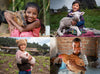 A collage of four different gift offerings featuring children with a goat, sheep, piglet and chicken.