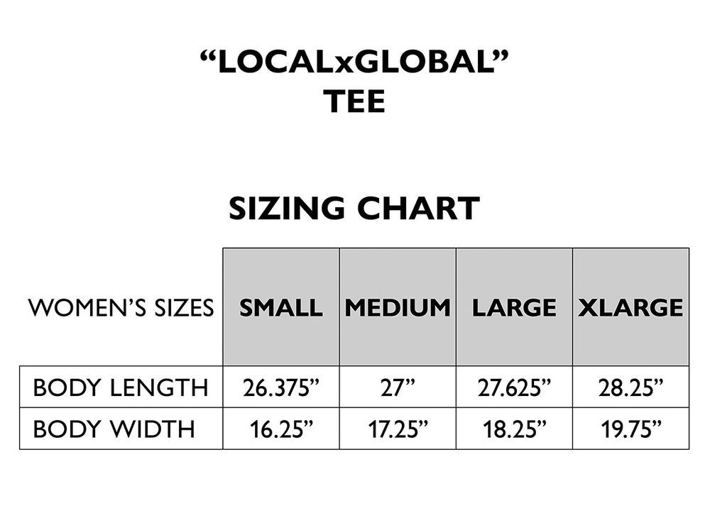 Women’s sizing chart for the LocalxGlobal tee.