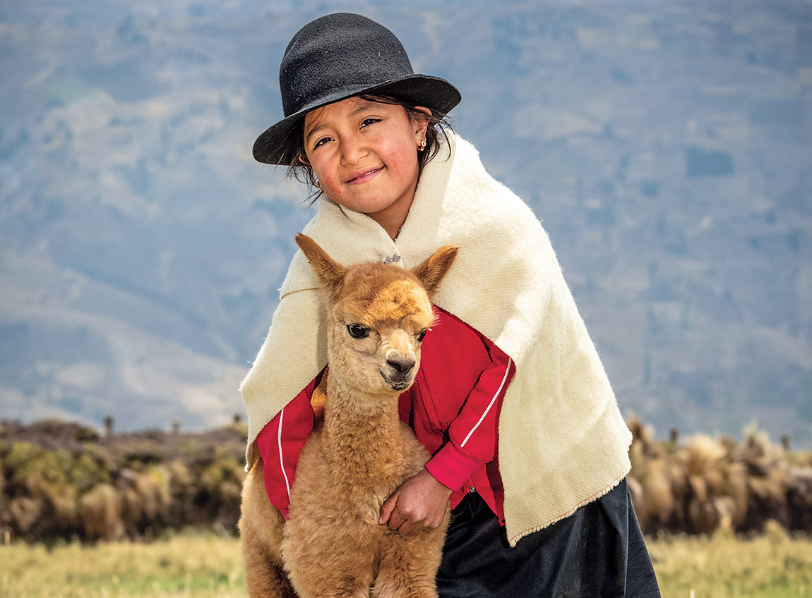 A young girl wearing traditional Andean clothing hugs an alpaca in a grassy highland.