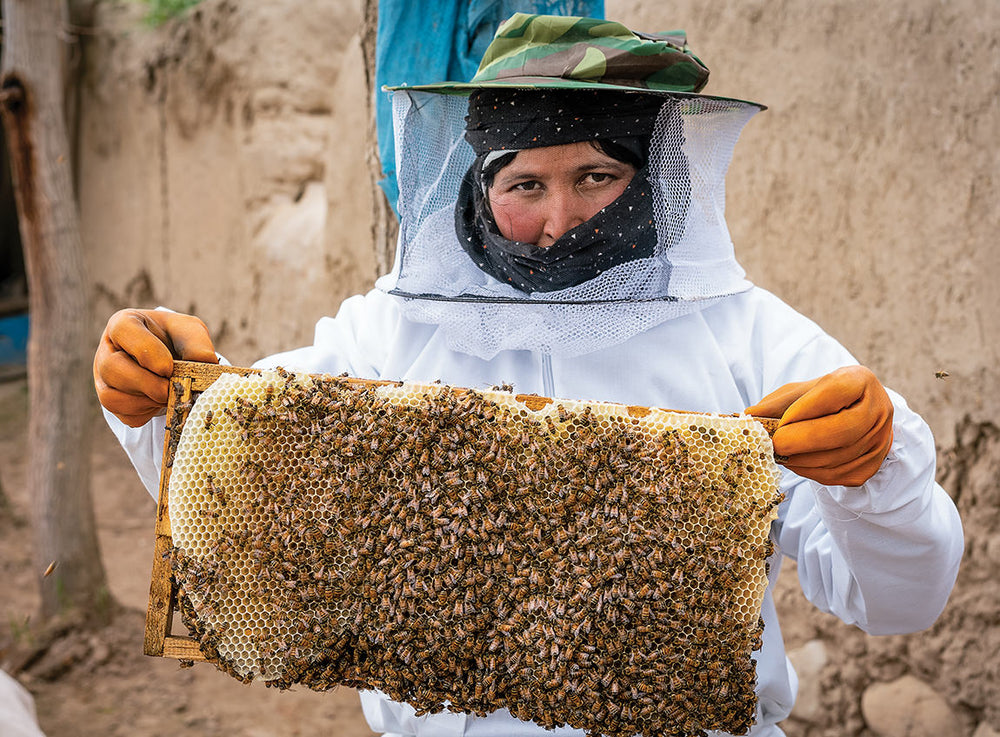 A beekeeper wearing full protective gear lifts a honeycomb full of bees.