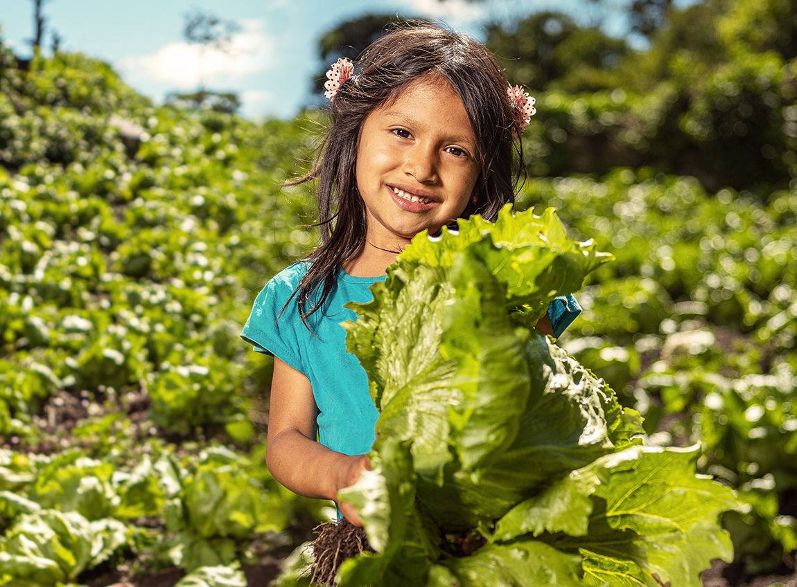 A smiling young girl with two flowers in her hair for berets, holds a stalk of leafy greens in her hands. She stands in a field of leafy green vegetables. 
